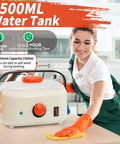 Powerful 2500W Portable Handheld Steam Cleaner With 1500ml Tank, All Surface Multi Use Steamer used by smiling woman in kitchen.