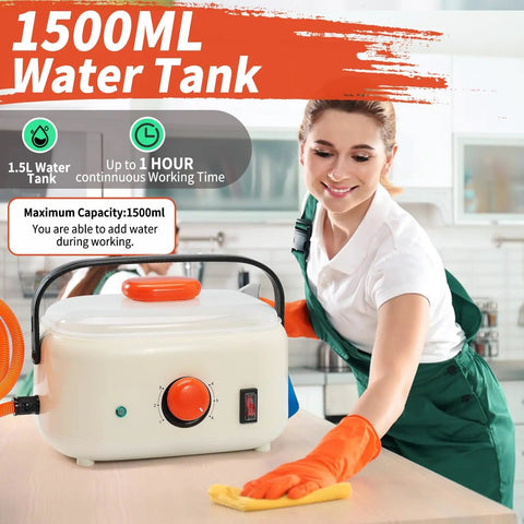 Powerful 2500W Portable Handheld Steam Cleaner With 1500ml Tank, All Surface Multi Use Steamer used by smiling woman in kitchen.