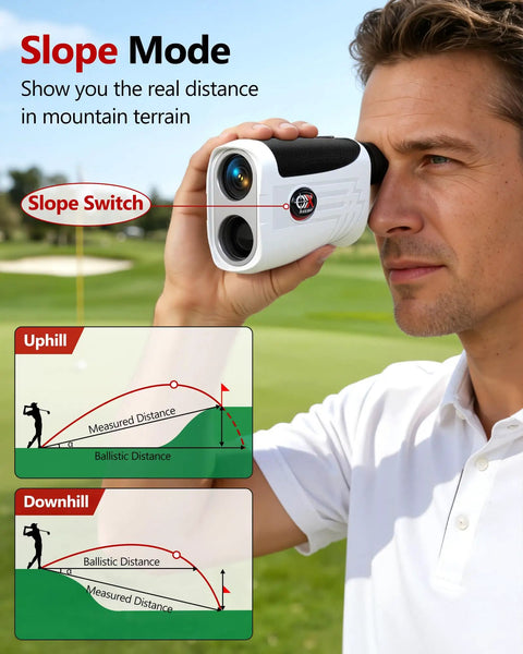 Man using Lightweight Golf Rangefinder Slope Switch And Flag Lock Vibration, Rechargeable 7X Magnification, Clear Targeting Up To 1200 Yards