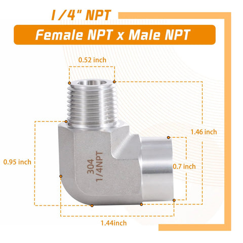 304 stainless steel 90-degree pipe elbow, 1/4in NPT male x 1/4in NPT female, front view