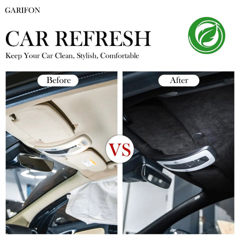 Garifon suede headliner fabric, 96 by 60 inches, black foam-backed automotive headliner material; before/after comparison