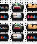16 Pack Black Pegboard Bins With Metal Hooks Heavy Duty Plastic Storage Organizer for garage workshop and craft room in use