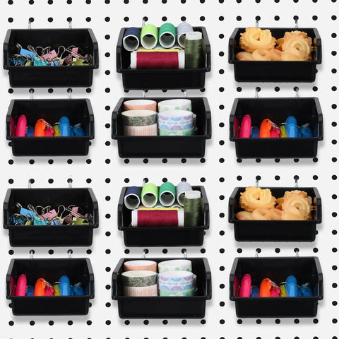 16 Pack Black Pegboard Bins With Metal Hooks Heavy Duty Plastic Storage Organizer for garage workshop and craft room in use