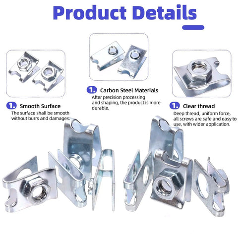 Front view of carbon steel U clips from 183 Pcs Automotive U Clips And Screws Kit With 11 Sizes U Style Clip On Nuts And Phillips Screws