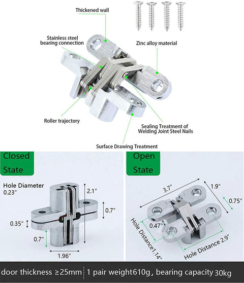 Pair Of Three And Three Quarters Inch Hidden Gate Hinge In Stainless Steel With Concealed Barrel And Satin Silver Finish for flush mount
