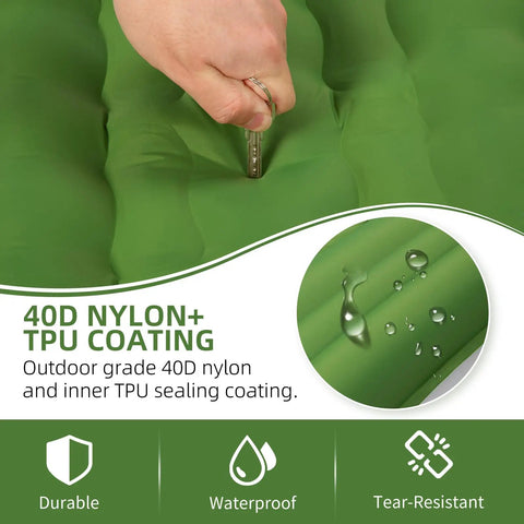 Close-up of green 5 Inch Thick Camping Sleeping Pad With Built In Pillow And Foot Pump material highlighting durability.