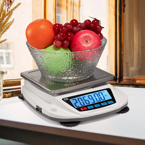 Dialed-In High Precision Digital Lab Scale 5000g Capacity, 0.01g Accuracy, with glass bowl of fruit on display