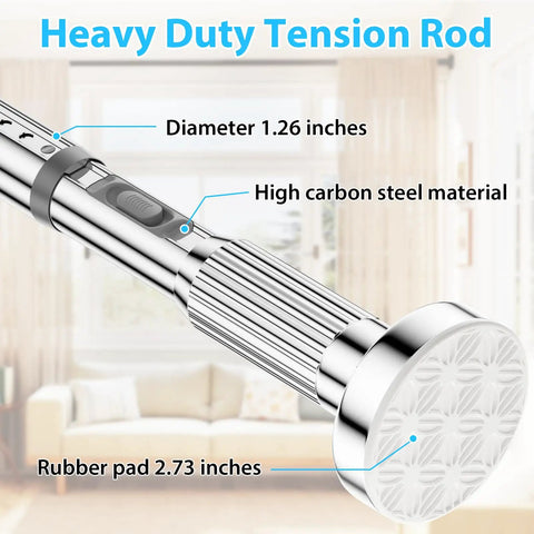 Close-up of heavy duty no drilling shower curtain rod with 1.26 inch diameter tension rod, visible high carbon steel material.