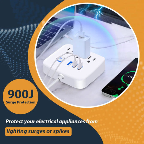 Power Strip With USB Ports And 3 Outlets Flat Plug Desktop Charging Station for Dorm Home Office Travel UL Listed 2000W 10A