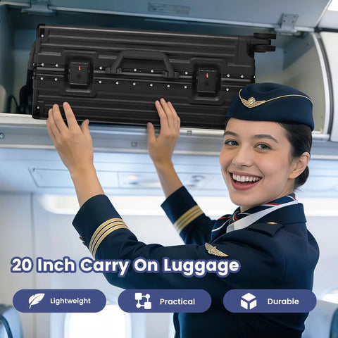 20-inch black aluminum-framed zipperless hard-shell carry-on luggage loaded into airline overhead bin by a flight attendant.