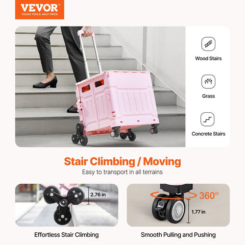 Foldable Utility Cart 65L being pulled upstairs, showcasing stair-climbing wheels and telescoping handle in pink.