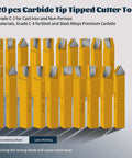 20-Piece Three Eighths Inch Carbide Tip Lathe Cutter Set For Metal Turning Boring And Chamfering Includes 10 C6 Steel Machining Bits And 10 C2 Iron Machining Bits Durable Lathe Tools Pro-Grade And Shop-Ready For Your Home Shop And Pros displayed with yellow carbide tips