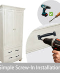 2 Pack 5 Inch Black Metal Vintage Barn Door Pull Cabinet Handle Set installation on white cabinet with drill and tools.