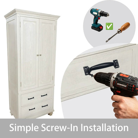 2 Pack 5 Inch Black Metal Vintage Barn Door Pull Cabinet Handle Set installation on white cabinet with drill and tools.