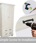 Installation of Six Inch Black Metal Barn Door Pulls Set Of Four Vintage Rustic Cabinet Handles on white cabinet with drill.