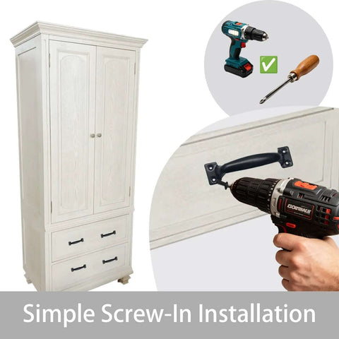 Installation of Six Inch Black Metal Barn Door Pulls Set Of Four Vintage Rustic Cabinet Handles on white cabinet with drill.