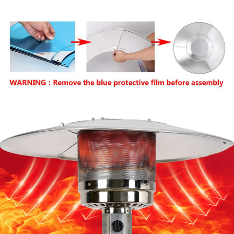 Two Pack 33 Inch Patio Heater Reflector Shields Aluminum Dome Top For Propane Outdoor Heaters With Big Coverage 3 Hole Mount Replacement Parts Weatherproof Durable Build And Easy Mounting, with visual assembly guidance and heat pattern illustration.