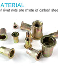 Rivet Nut Tool Kit With 520-Piece SAE And Metric Rivet Nuts Set, Galvanized Carbon Steel Flat Head Inserts shown in various sizes.