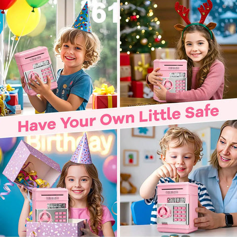 Children using Electronic Piggy Bank For Girls With 4 Digit Password Lock ATM Style Money Safe For Kids as birthday gift.