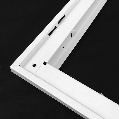 Close-up of Fits 16x25 Duct Opening Return Air Grille With Filter Included And Removable Door Steel White Vent Cover's corner detail