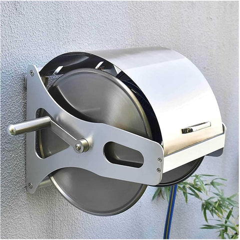 Heavy Duty Badass Retractable Hose Cart Stainless Steel Garden Hose Reel wall-mounted for easy water hose storage.