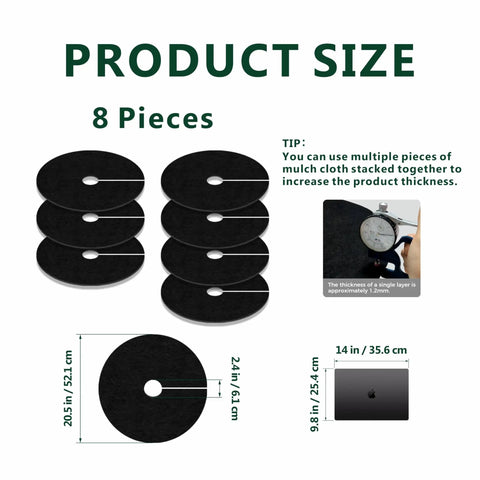 8 Pack 20.47 Inch Nonwoven Mulch Mats For Landscaping Reusable Weed Control Fabric with size and thickness details