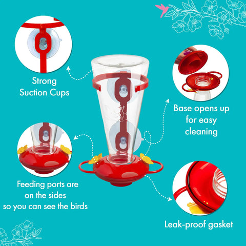 Window Hummingbird Feeder With Side Ports For Clear Viewing Big 20 Oz Nectar Capacity Durable Plastic Easy Clean And Refill Strong Suction Cups Outdoor Window Bird Feeder For Kids And Pets, showing suction cups, feeding ports, and opening base.