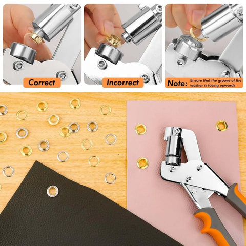3/8 Inch Grommet Tool Kit With 800 Eyelets And Grommets showing grommet pliers on leather with instructions for use