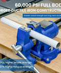Six Inch Heavy Duty Bench Vise With Rotating Swivel Base And Head Built From Solid Cast Iron To Deliver Badass Clamping Power for shaping material.