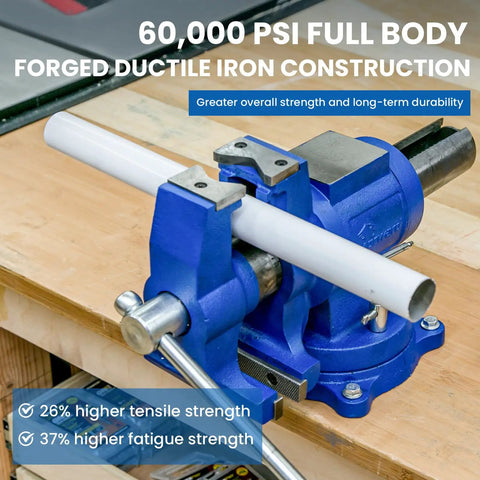 Heavy Duty Bench Vise With 360 Degree Swivel Base And Anvil, 4 Inch Jaw, 5,500 Lbf Clamp, Industrial Strength Ductile Iron