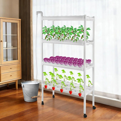 4 Tier Indoor And Outdoor Hydroponic Grow Rack With 12 Pipes And 108 Plant Sites, A Mobile Slick Soilless Cultivation System for Home Growers