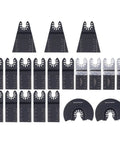 20 Piece Oscillating Saw Blade Kit With Arrow Storage Case showing a variety of high carbon steel and bi-metal blades for cutting.