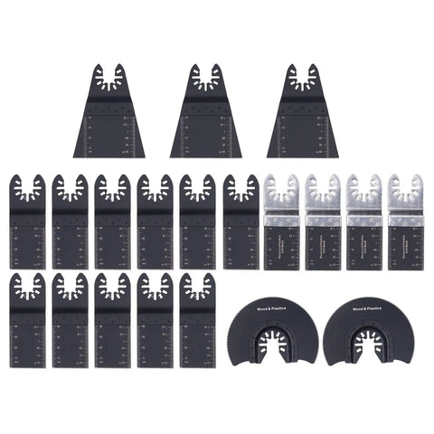 20 Piece Oscillating Saw Blade Kit With Arrow Storage Case showing a variety of high carbon steel and bi-metal blades for cutting.