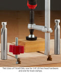 Top Shelf T Slot Router Bit Set With Half Inch Shank for track clamps, 1/2 inch super carbide bits, and hardware screws.
