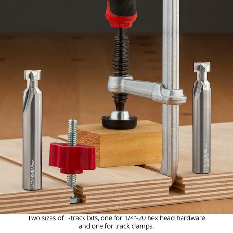 Top Shelf T Slot Router Bit Set With Half Inch Shank for track clamps, 1/2 inch super carbide bits, and hardware screws.