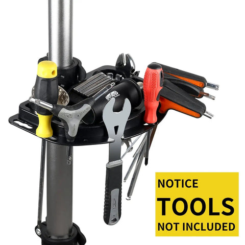 Tools on tray of Bike Repair Stand With 360 Degree Swivel Clamp Adjustable Foldable Work Stand Lightweight Aluminum Floor Station 85 Lbs Max