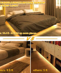 Motion Activated LED Light Strip 16.4ft With Day Or Night Modes illuminating beneath a bed and cabinet for comparison