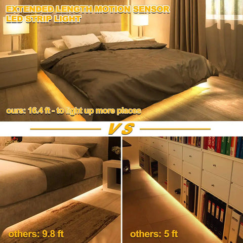 Motion Activated LED Light Strip 16.4ft With Day Or Night Modes illuminating beneath a bed and cabinet for comparison