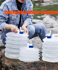 Person using collapsible water jug with spigot for camping and hiking, space saving 10L portable water storage bottle with handle