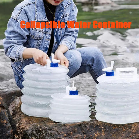 Person using collapsible water jug with spigot for camping and hiking, space saving 10L portable water storage bottle with handle