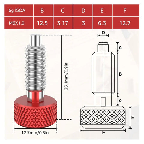 Diagram of Spring Plunger Quick Release Pins Kit with dimensions and knurled handle for rolling toolboxes and machinery.