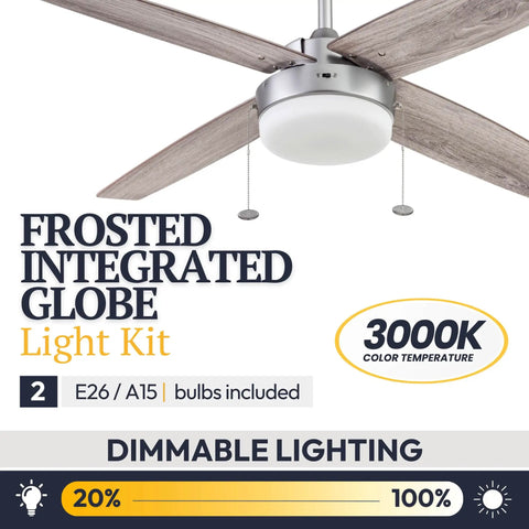 Memphis 52 Inch Contemporary Indoor LED Ceiling Fan with Light Pull Chain in pewter, featuring reversible blades and frosted globe.