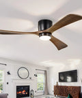 Neojoyoenix 52" Flush Mount Solid Wood Blades Ceiling Fan with Lights Remote Control,Quiet DC Motor, 6 Speed,Reversible for Patio Living Room, Bedroom, Office,Indoor.(Matte Black) in a modern living room setting.