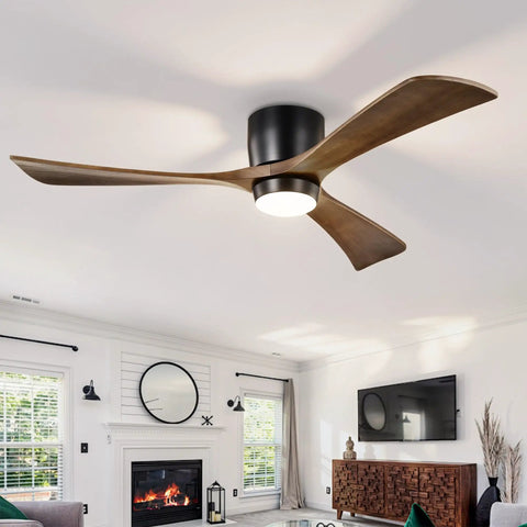 Neojoyoenix 52" Flush Mount Solid Wood Blades Ceiling Fan with Lights Remote Control,Quiet DC Motor, 6 Speed,Reversible for Patio Living Room, Bedroom, Office,Indoor.(Matte Black) in a modern living room setting.