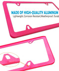 Close-up view of Pink License Plate Frames Set Metal Aluminum Car Tag Covers 2 Pack Slim Front And Rear Holders For US Vehicles