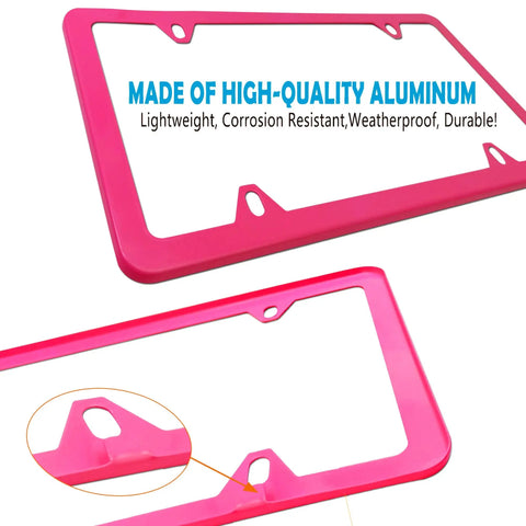 Close-up view of Pink License Plate Frames Set Metal Aluminum Car Tag Covers 2 Pack Slim Front And Rear Holders For US Vehicles