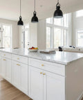 Modern kitchen island with Ten Pack Brushed Gold Drawer Knobs For Cabinets And Dressers, Round Brass Cabinet Hardware Handles.