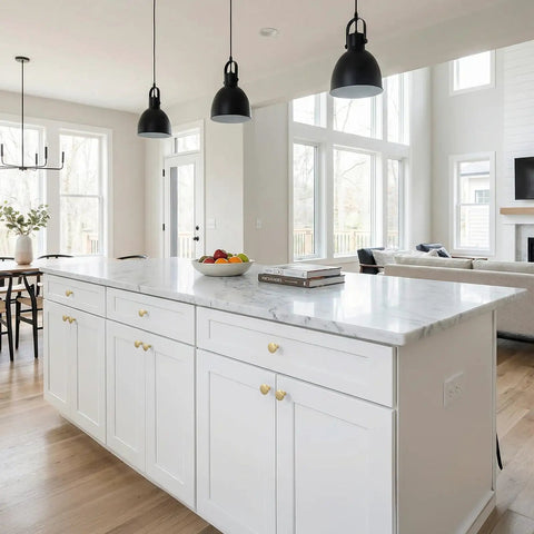 Modern kitchen island with Ten Pack Brushed Gold Drawer Knobs For Cabinets And Dressers, Round Brass Cabinet Hardware Handles.