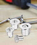 Pro Grade Stainless Steel Dowel Pin Set for Woodworking Alignment next to screws and screwdriver on wooden surface