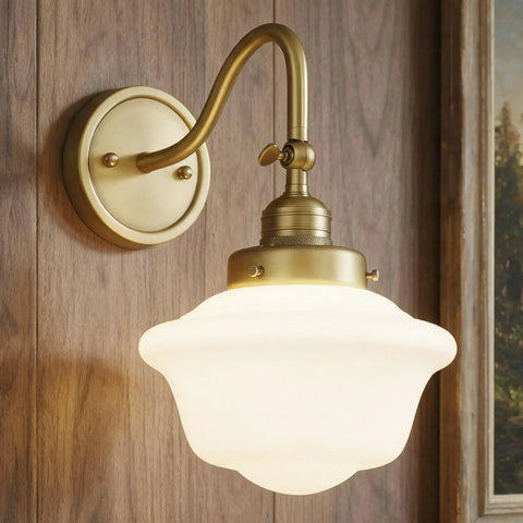 SongCiLT Vintage Sconce Wall Lighting with Milk White Glass Shade on wooden wall, featuring adjustable brass arm and elegant design.